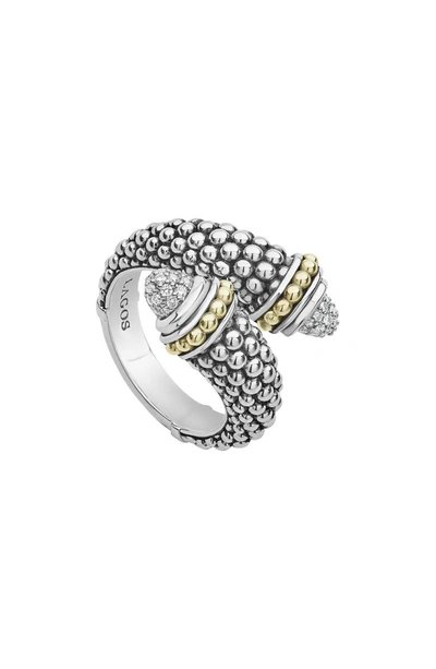 Lagos Signature Caviar & Diamond Pave Crossover Ring In Silver/ Diamond