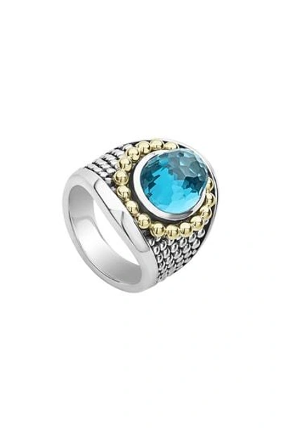 Lagos Signature Caviar & Blue Topaz Oval Ring In Silver/ Blue Topaz
