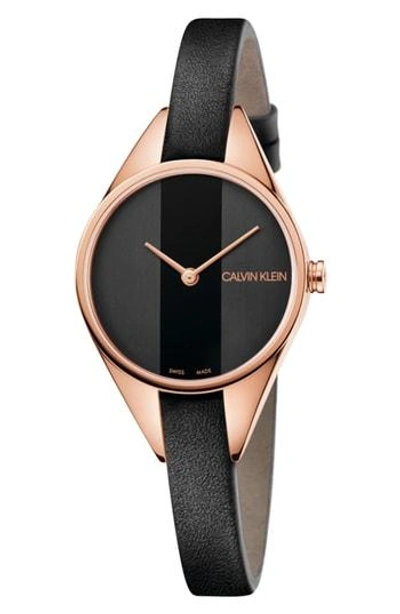 Calvin Klein Achieve Rebel Leather Band Watch, 29mm In Black/ Rose Gold |  ModeSens