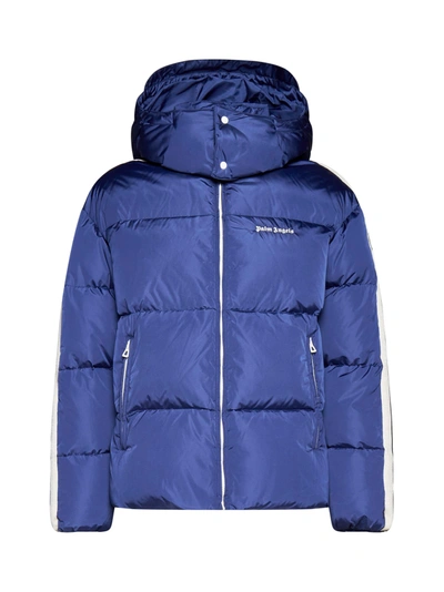 Palm Angels Hooded Track Down Jacket In Blue