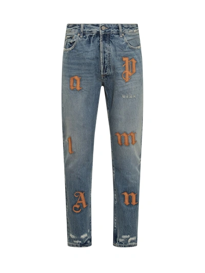 Palm Angels Lw Logo Patches Denim Jeans In Light Blue