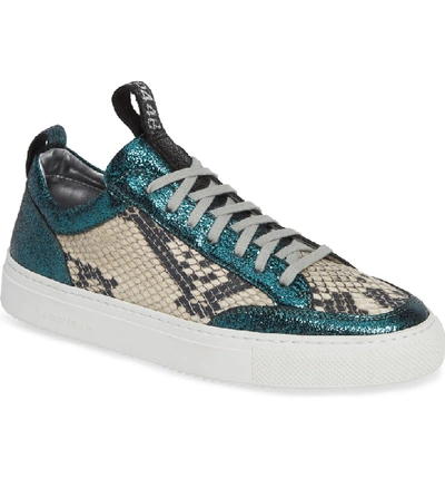 P448 Women's Soho Crackled & Snake-embossed Leather Lace-up Sneakers In White/ Blue Sparkle