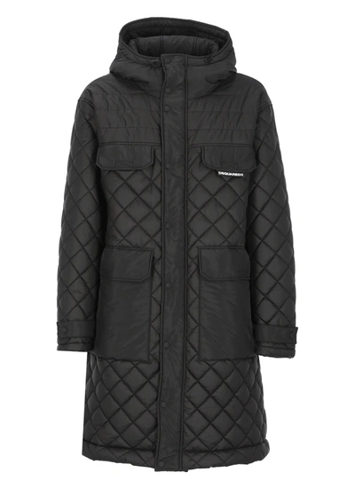 Dsquared2 Quilted Hooded Mid-length Coat In Black