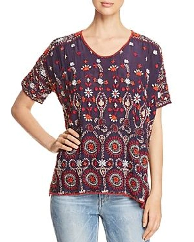 Johnny Was Melia Short-sleeve Embroidered Blouse In Blue Gravel