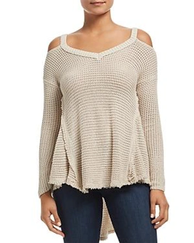 Elan Cold Shoulder High Low Sweater In Oatmeal
