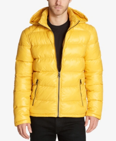 Guess Hooded Solid Puffer Jacket In Yellow