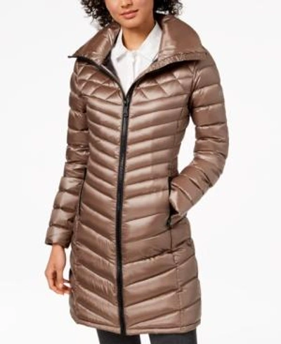 Calvin Klein Hooded Packable Down Puffer Coat In Shine Taupe