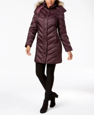 Kenneth Cole Hooded Faux-fur-trim Down Chevron Puffer Coat In Rum Raisin