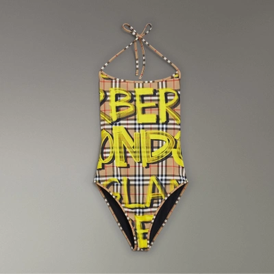 Burberry Graffiti Print Vintage Check Halterneck Swimsuit In Bright Yellow ModeSens