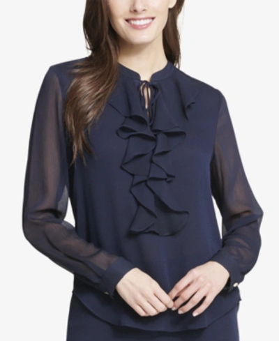 Tommy Hilfiger Ruffled Tie-neck Blouse In Dark Blue