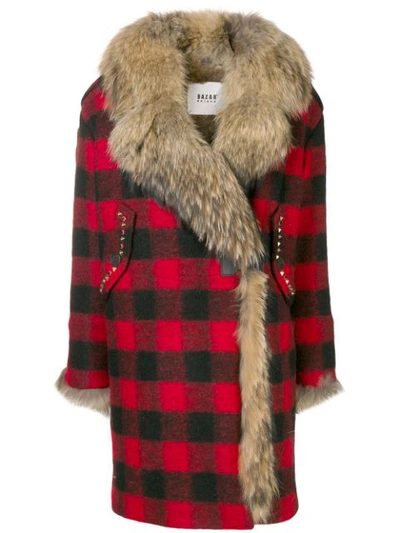 Bazar Deluxe Racoon Fur-lined Checkered Coat In Red