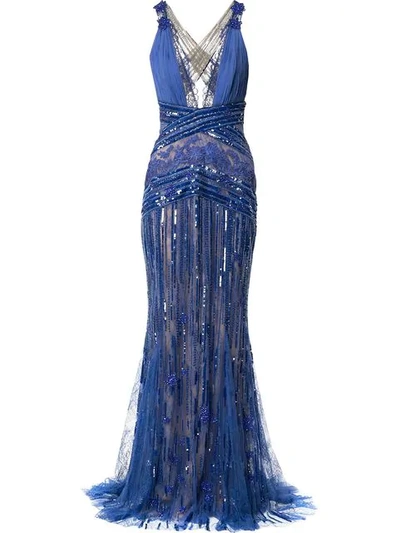 Zuhair Murad Plunge Neck X Back Gown In Blue