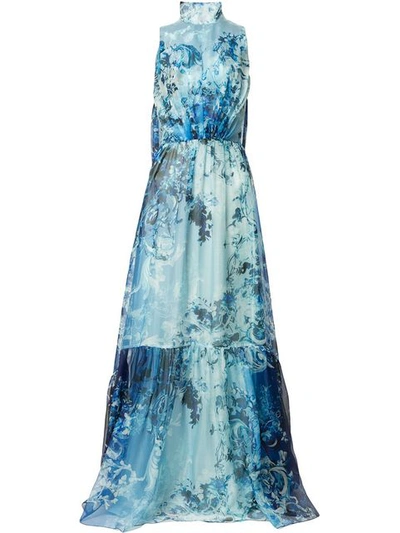 Isabel Sanchis Baroque Floral Printed Gown With Dramaticcape Back - Blue