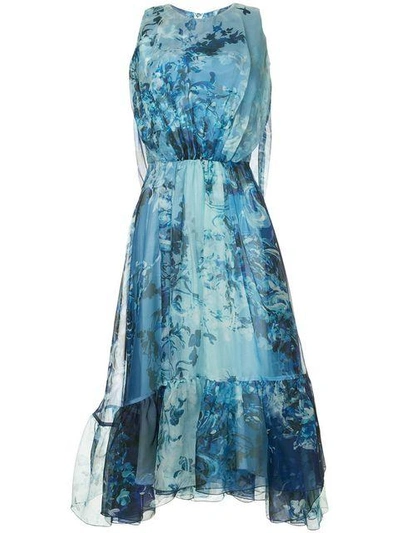 Isabel Sanchis Baroque Floral Printed Dress With Cape Back In Blue