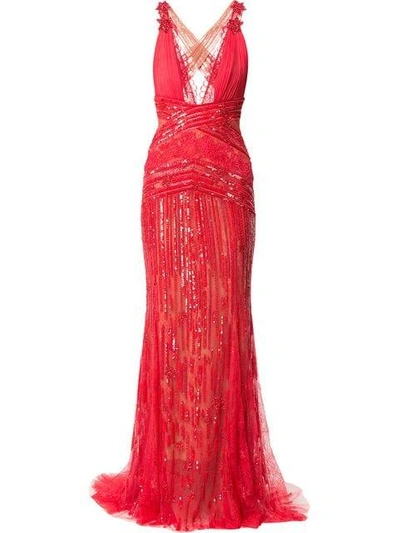 Zuhair Murad Plunge Neck X Back Gown - Red