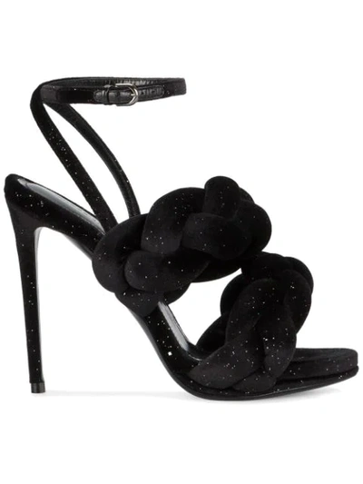 Marco De Vincenzo Black Glitter Velvet Braided Strap 130 Sandals