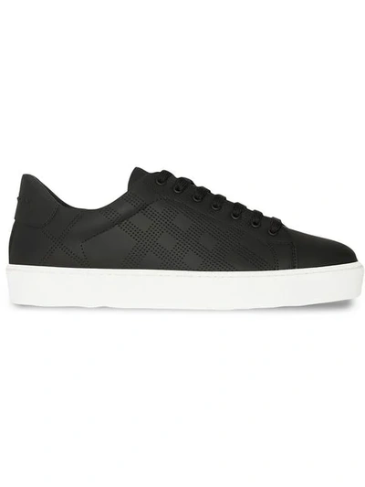 Burberry Perforated Check Leather Sneakers In Black