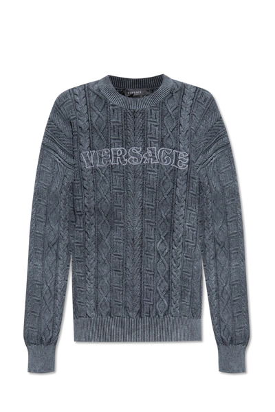 Versace Grey Cotton Sweater With Logo In New
