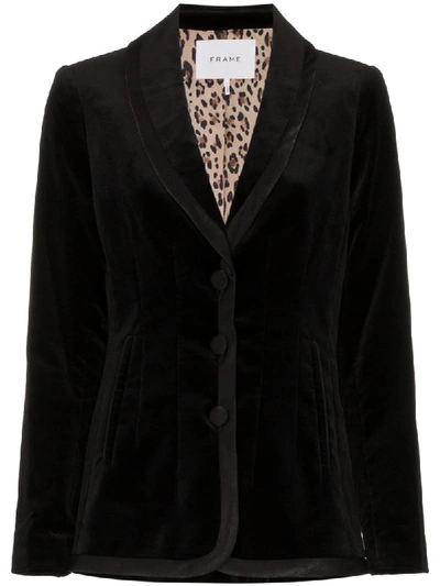Frame Fitted Velvet Button-front Blazer Jacket In Black