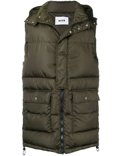 Msgm Long Length Padded Gilet In Green