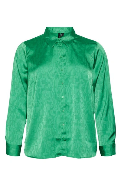 Vero Moda Cristi Long Sleeve Satin Button-up Shirt In Bright Green