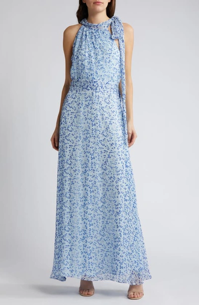 Sachin & Babi Kayla Halter Gown In Twig Blue Print