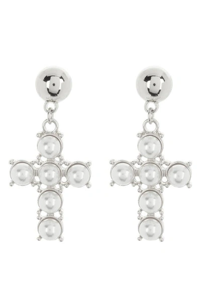 Tasha Imitation Pearl Cross Drop Earrings In Silver