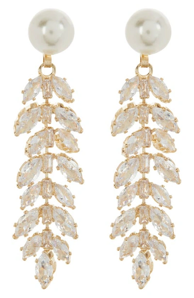 Tasha Crystal & Imitation Pearl Leaf Drop Earrings In Gold