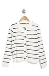 T Tahari Collar Button Front Cardigan In Snow Globe/ Navy Stripe