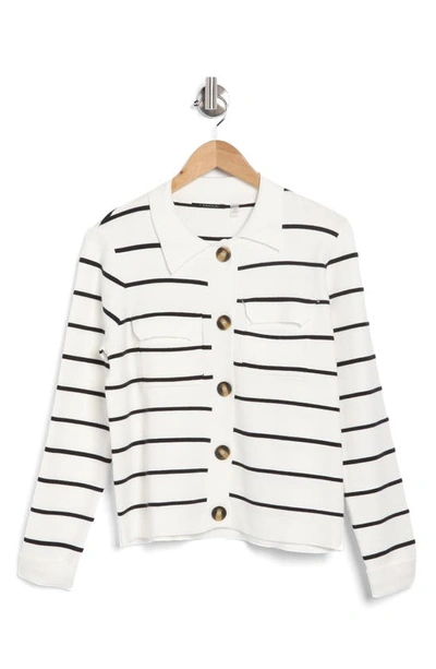 T Tahari Collar Button Front Cardigan In Snow Globe/ Navy Stripe