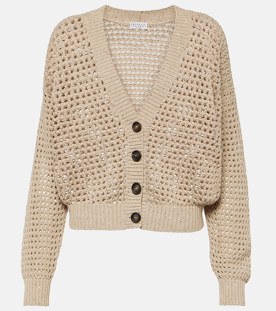 Brunello Cucinelli Open Knit Cotton Blend Cardigan In Beige