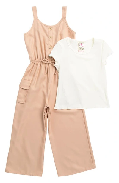 Lily Bleu Kids' Cargo Jumpsuit & Ribbed Short Sleeve Tee Set In Taupe