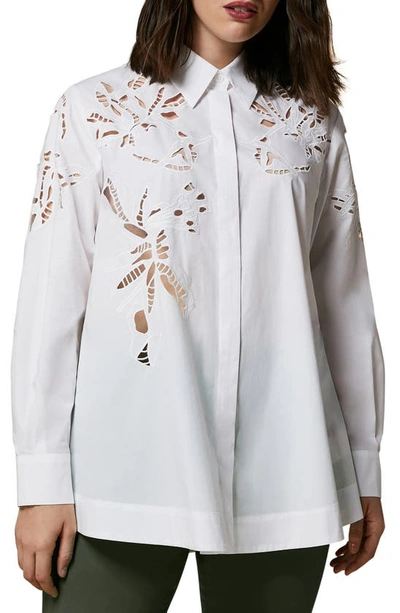 Marina Rinaldi Embroidered Floral Cutwork Cotton Button-up Shirt In Optical White