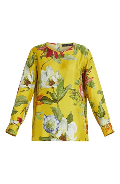 Marina Rinaldi Leandro Floral Silk Twill Top In Lemon Big