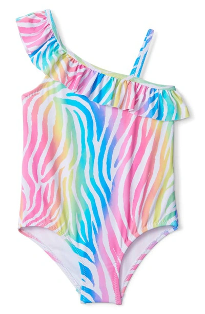Hatley Kids' Rainbow Zebra One-shoulder Ruffle One-piece Swimsuit In White