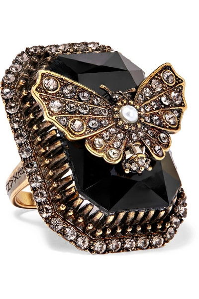 Alexander Mcqueen Gold-plated, Swarovski Crystal And Faux Pearl Ring In Black