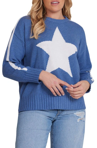 Minnie Rose Cotton Star Crewneck Sweater In Harbour Blue/white