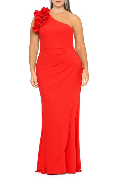 Xscape Ruffle Detail One-shoulder Sheath Gown In Red