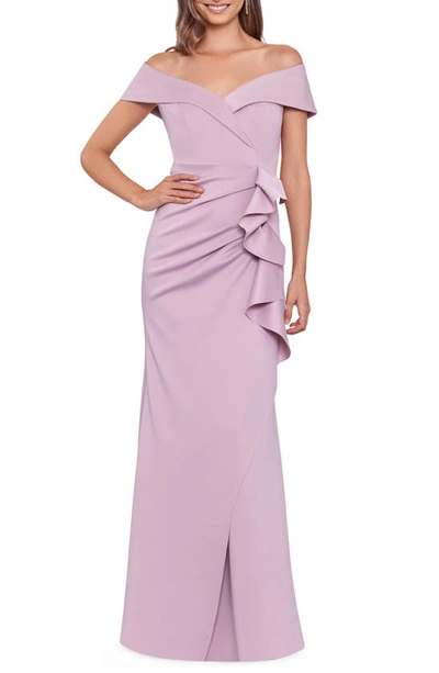 Xscape Off The Shoulder Ruffle Scuba Gown In Rose