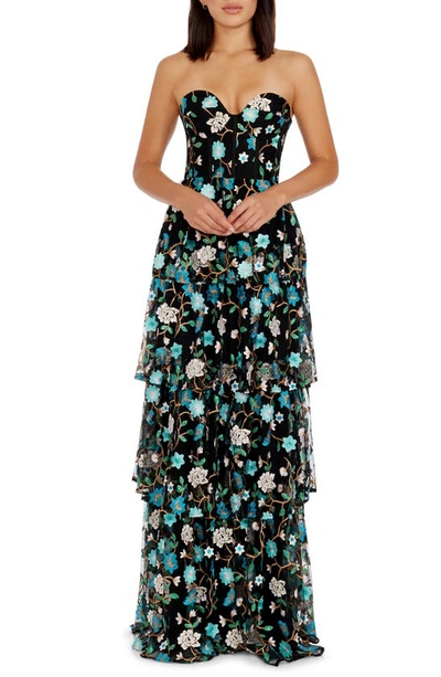 Dress The Population Layana Floral Embroidery Strapless Gown In Black