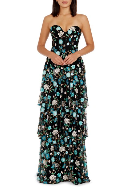 Dress The Population Layana Floral Embroidery Strapless Gown In Turquoise Multi