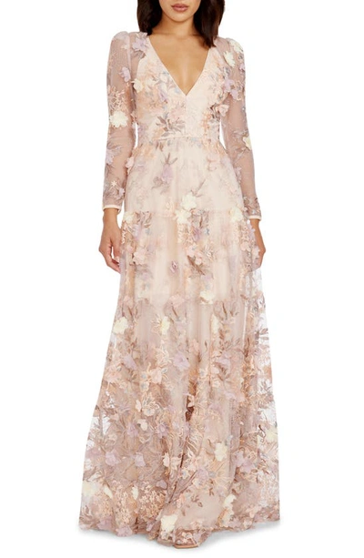 Dress The Population Angelina Floral Embroidery Long Sleeve Gown In White