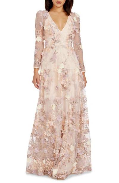 Dress The Population Angelina Floral Embroidery Long Sleeve Gown In Beige