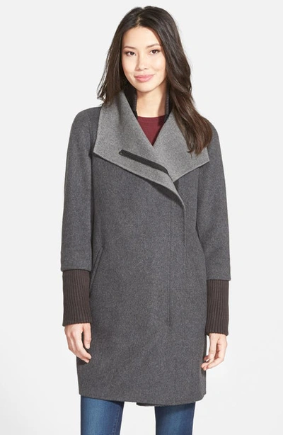 Elie Tahari 'mika' Drape Collar Wool Blend Coat With Rib Knit Detail In Light Grey