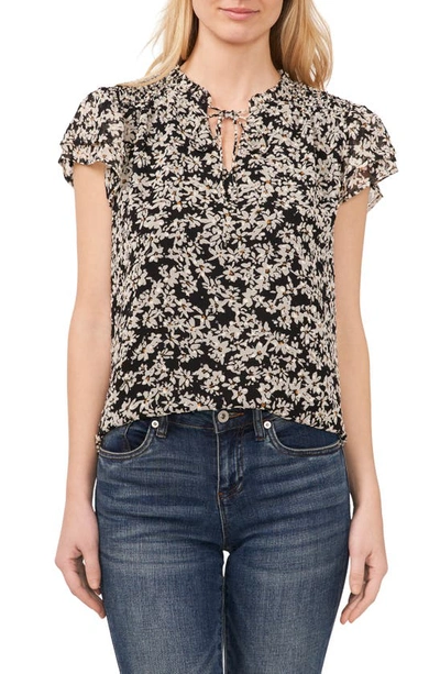 Cece Floral Print Flutter Sleeve Top In Rich Black