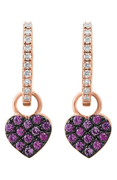 Effy 14k Rose Gold Diamond & Pavé Pink Sapphire Heart Drop Huggie Hoop Earrings