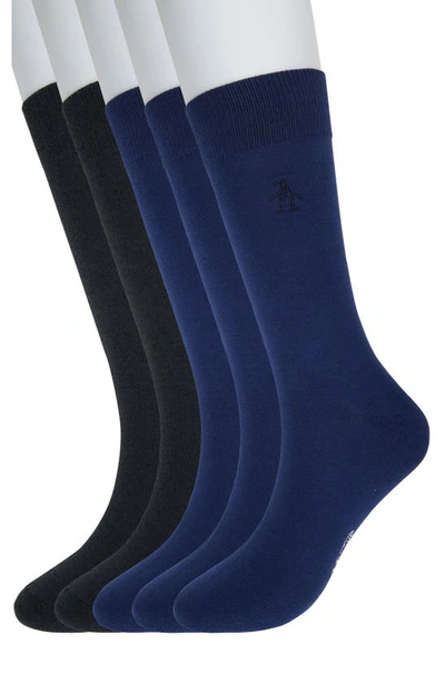 Original Penguin Solid Heather Mix 5-pack Crew Socks In Navy