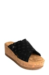 Minnetonka Posey Platform Wedge Slide Sandal In Black Distressed Denim