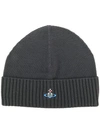 Vivienne Westwood Logo Embroidered Ribbed Beanie In Grey