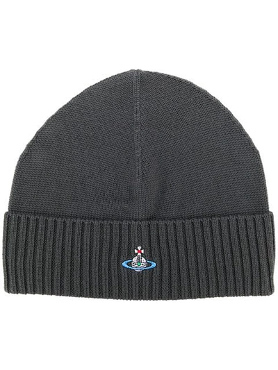 Vivienne Westwood Logo Embroidered Ribbed Beanie In Grey